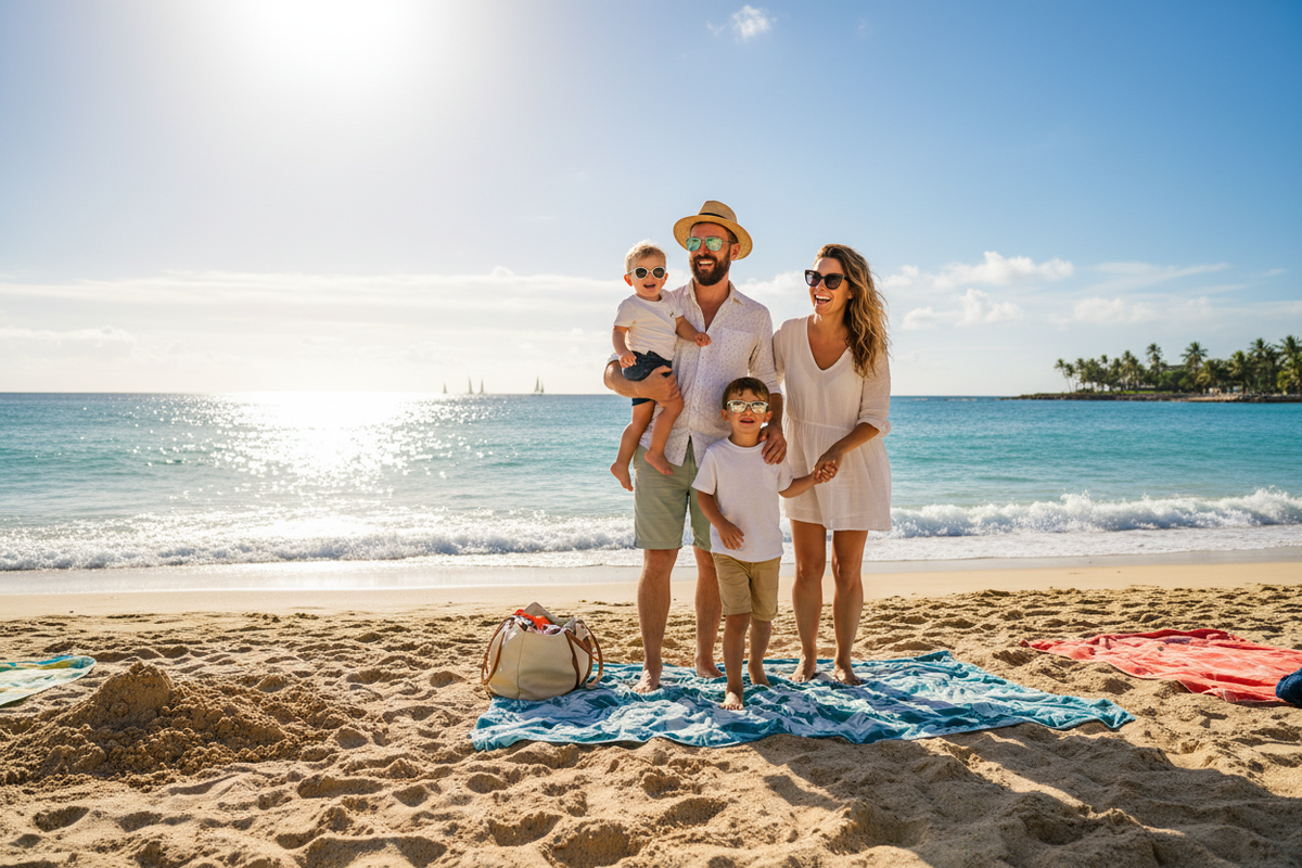 familia utilizando lentes de sol en la playa